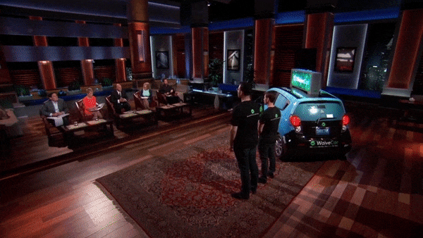 animated gif of waive car closing a deal on shark tank and mentioning xyz as an advertiser